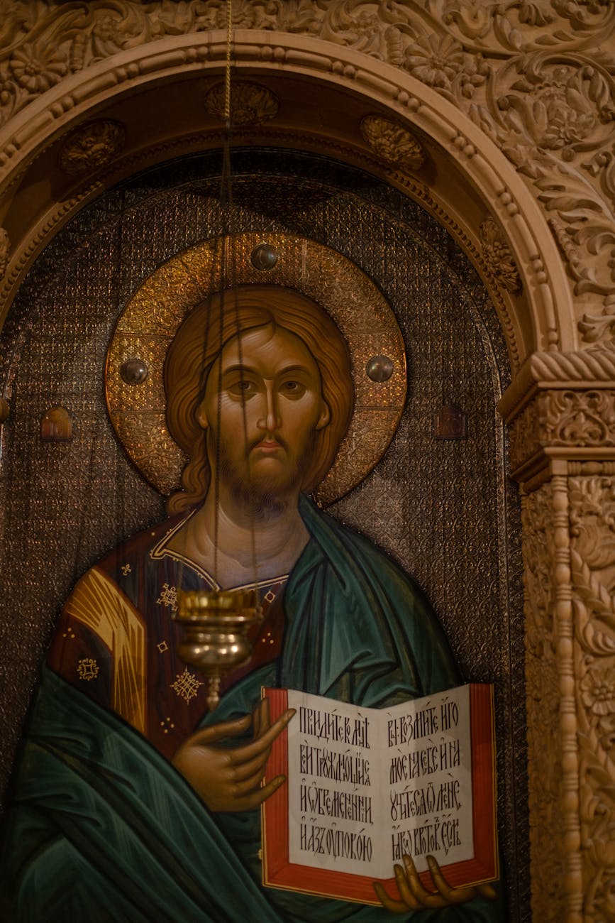 orthodox icon with jesus and holy bible