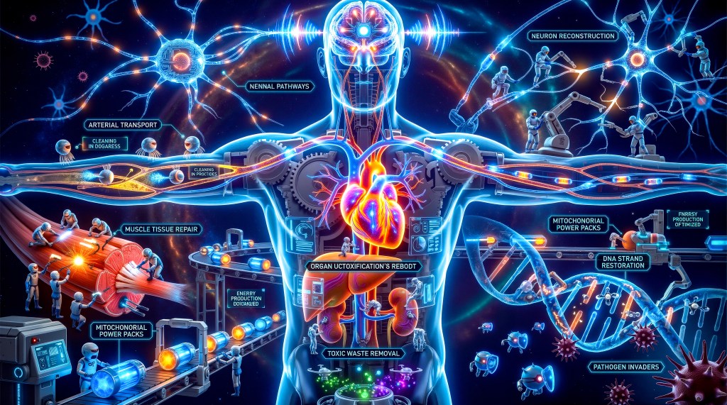 An infographic depicting a stylized human body with various labeled processes, including neural pathways, arterial transport, muscle tissue repair, and mitochondrial power packs, illustrated with futuristic robotic and scientific themes.