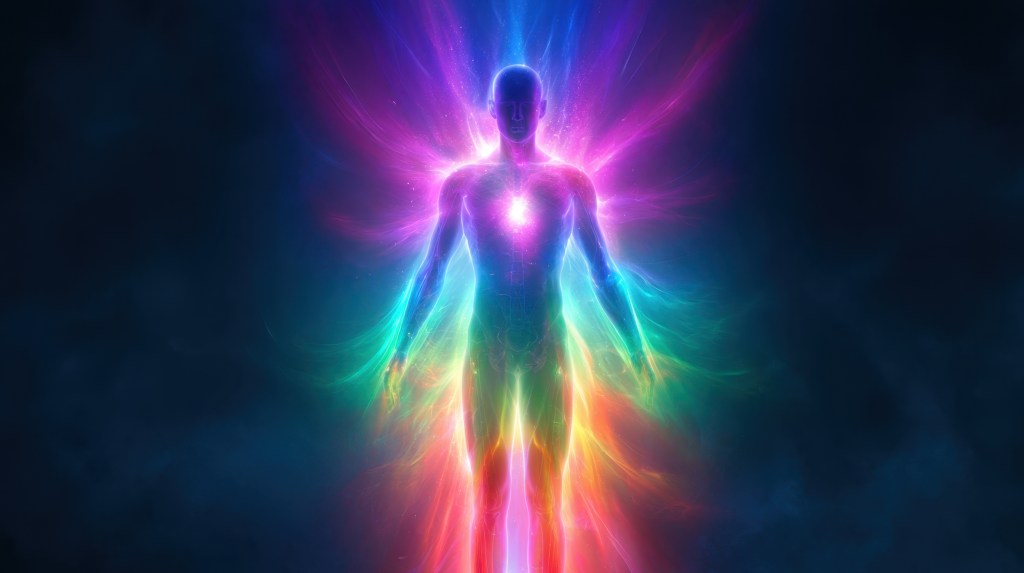 A colorful silhouette of a human figure surrounded by vibrant, glowing energy patterns and light rays in various hues.