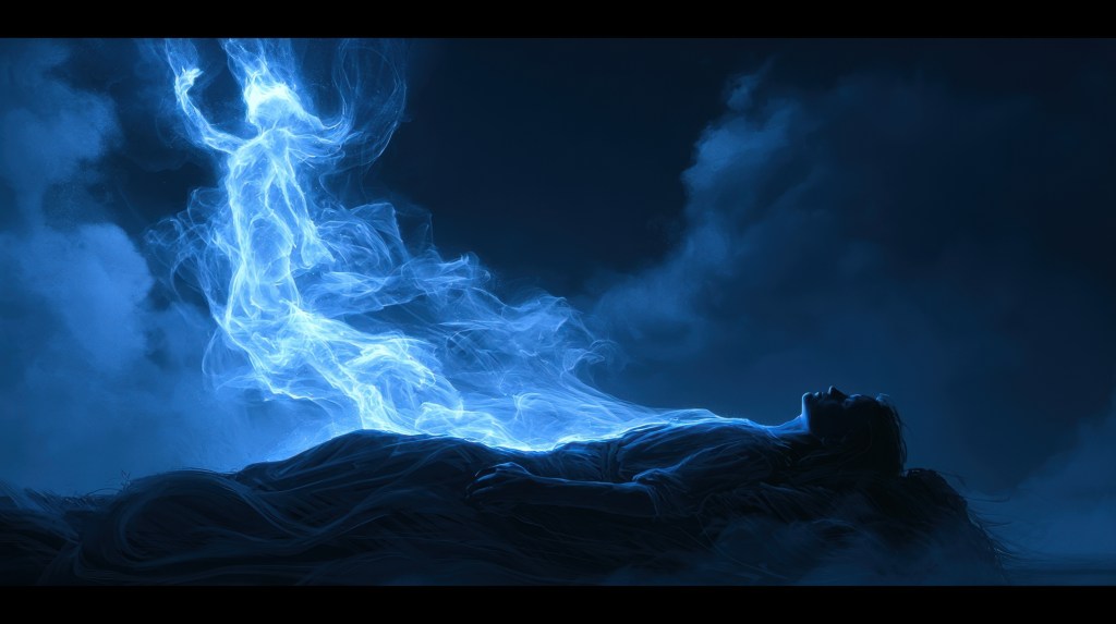 A ghostly figure made of blue smoke is rising from the body of a person lying down, set against a dark background with clouds, creating a mystical and ethereal atmosphere.